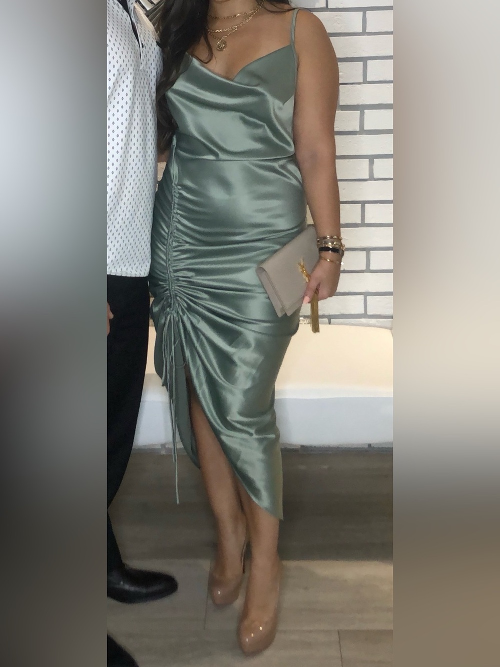 Miss Lola Satin Ruched Midi Dress in Sage Green